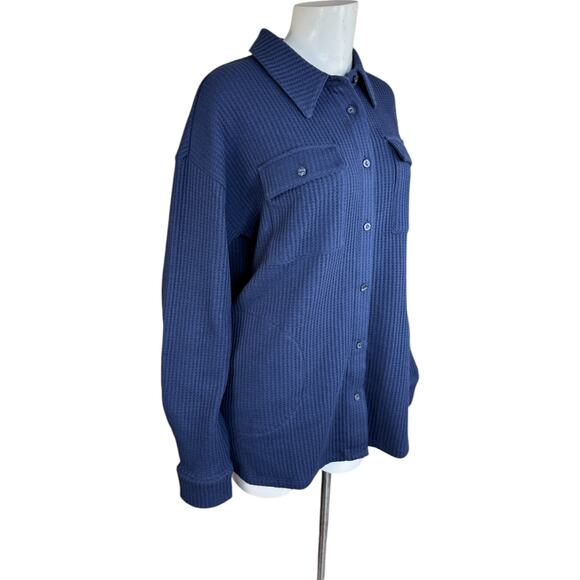 Denim & Co. Sherpa Waffle Knit Shirt Jacket Navy Small NWOT Winter Casual Pocket - Picture 7 of 14
